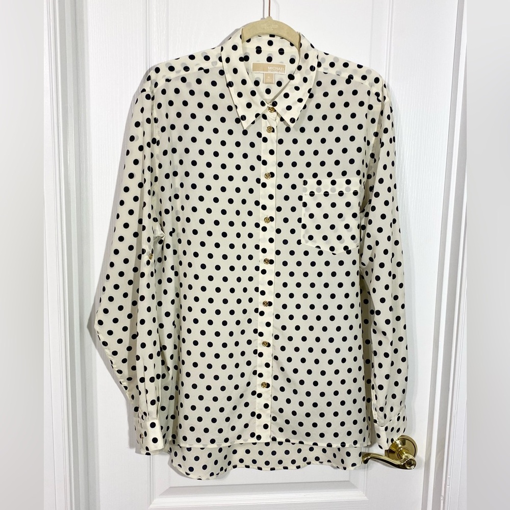 Michael Kors Polka Dot Roll Tab Sleeve Button Front Blouse Ivory Black XL